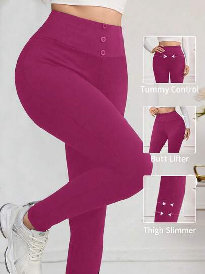 Modelyn Women's Solid Color Waist Button Design Casual Comfortable Leggings