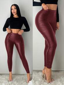 SHEIN SXY Solid Color Fitted Ruched Versatile Leather Street Leggings - Red - View 9