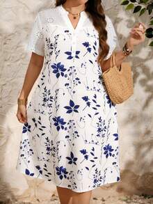 EMERY ROSE Plus Size Women Eyelet Embroidery Patchwork Floral Print Summer,Boho,Vacation,Holiday Sundress,Easter White And Blue And White Flowers Holiday Dress - Blue - View 1