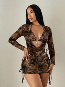 Sirith 4件套女士深V领网纱裙性感动物纹比基尼泳衣，沙滩装，春夏款 - 棕色 - 查看 4