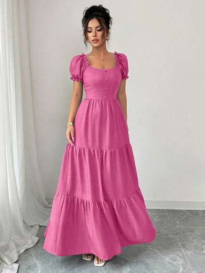 Elenzga Women's Elegant Long Dress With Unique Collar, Multi-Layer Patchwork, Ruffle Trim, Slimming Design Tiered Layer/Holiday /Bohemian/Romantic/ Vacation Casual