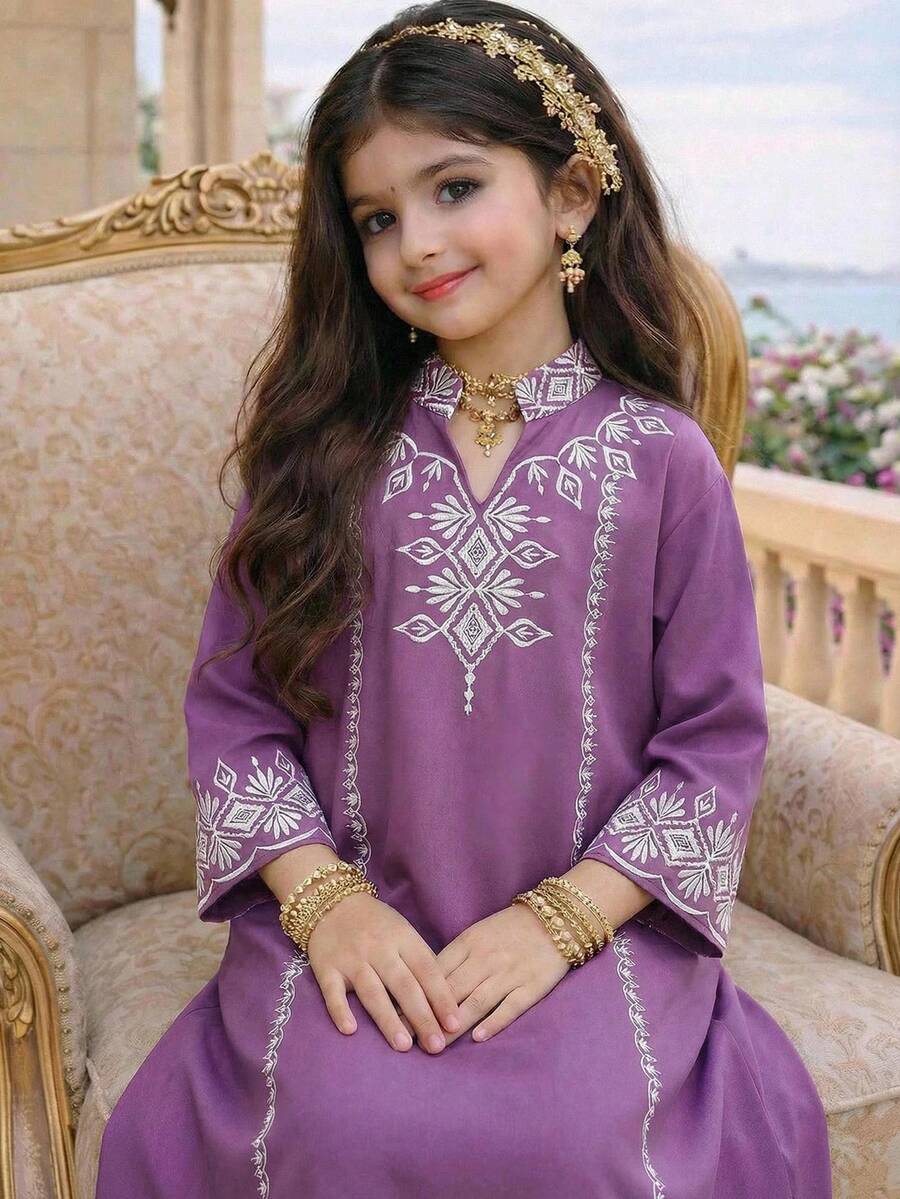 SHEIN Áo choàng dáng chữ A rộng rãi, tay lửng 3/4, xẻ tà, in họa tiết, dành cho bé gái tuổi teen, màu xanh dương và xanh lá cây. - Màu vàng - Xem 1