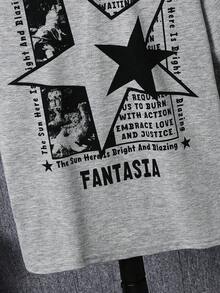 SHEIN Áo thun tay ngắn cổ tròn tối giản dành cho bé trai tuổi teen, phong cách vintage, họa tiết tranh sơn dầu cổ điển, hình ngôi sao trừu tượng ở mặt sau, thích hợp cho mùa hè. - Xám - Xem 5