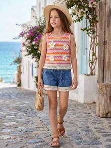SHEIN Vintaside Kids 2pcs/Set Tween Girls' Sweet & Cute Blue And Orange Textured Fabric Embroidered Floral Pattern Denim Fringe Shorts Set,Funny Summer Vacation Holiday - Pink - View 7