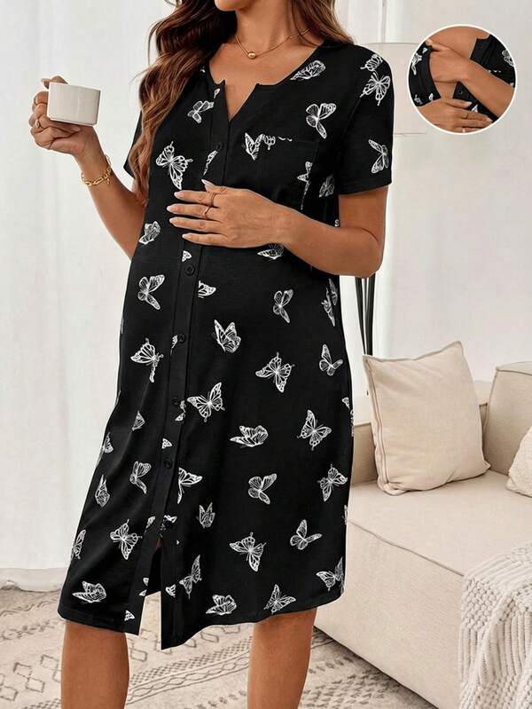 Slowluna Maternity Butterfly Print Single-Breasted Casual Loose Dress