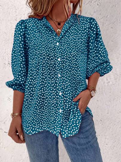 Linhara Plus Size Women's Fashionable Casual Printed 3/4 Sleeve Shirt Women Blouses Summer V Neck Blouses For Women Puff Sleeve Blouse Women Shirts For Summer Polka Dot Shirt