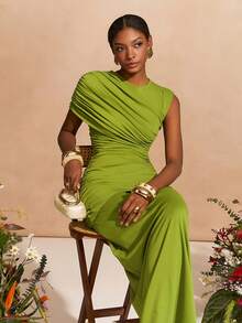 Zivah 2026春夏新款音乐节、复活节、圣帕特里克节、情人节、约会、西部风情、游牧风、生日派对、毕业典礼、大学、学生、日常穿着、百搭基础款、休闲、度假、邮轮旅行、海滩、日光浴、爆款、街头风、婚礼宾客波西米亚风、通勤、早午餐、机场、派对、假日郊游、办公室穿着 绿色不对称袖褶皱腰A字型长裙 - 綠色 - 查看 7