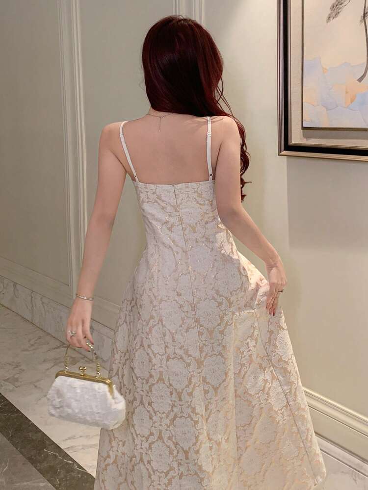Women's Elegant Floral Print A-Line Sequin Tassel Slip Midi Dress, Summer Wedding Guest Dress Cocktail Dress
