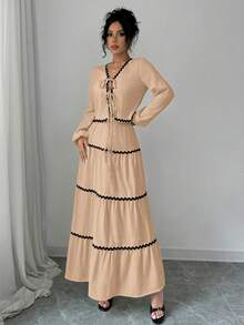 Rafferiza 2件套 法式优雅灯笼袖荷叶边蝴蝶结上衣和裙子 - 卡其色 - 查看 6