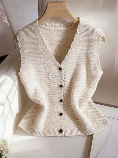 Franclia Casual Style Loose V-Neck Sleeveless Fur Woven Shell Edge Apricot Women's Spring And Summer Knitted Top, Spring Women Summer For Women Casual Blouses For Women Women Casual Women Apricot Top Summer Cardigan For Women Sweater Vest For Women Vest Shirt Knit Top Knit Top Women