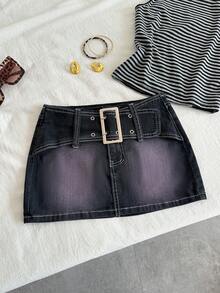 Elamini Women's Casual Belted Mini Denim Skirt, Summer - Purple - View 5