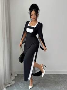 SHEIN Unity Women's Mid-Length Dress,Flared Sleeves,Waist Cinched,Slit Hem,Black And White,Color Block Design,Elegant,Holiday Dinner,Autumn,French Street Style - Multicolor - View 7