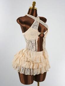 SaltGleam SaltGleam Bộ đồ nữ gợi cảm và ngọt ngào gồm áo hai dây ren khóa kim loại và chân váy xếp tầng. - Màu be - Xem 6