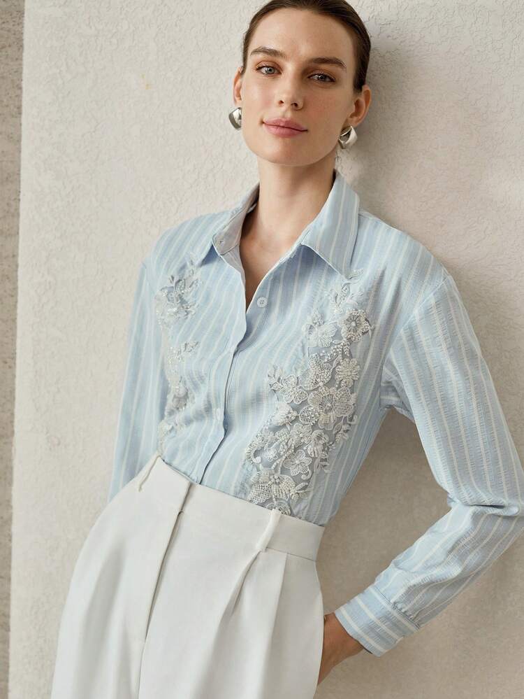 EMBROIDERY MESH BEADED DETAIL STRIPED PRINT SHIRT