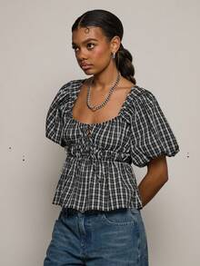COUREZ PUFF SLEEVE BACKLESS SHIRT IN MICRO CHECK - Black and White - View 5