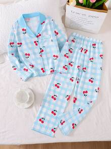 Sparklyn 学院风睡衣套装,浅蓝色格子图案,樱桃印花,翻领开衫,长袖上衣和长裤,甜美少女休闲家居服两件套。 - 藍色 - 查看 6