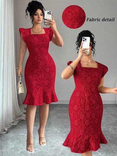 GlowEve CURVE 大码女式情人节泡泡提花短袖修身连衣裙