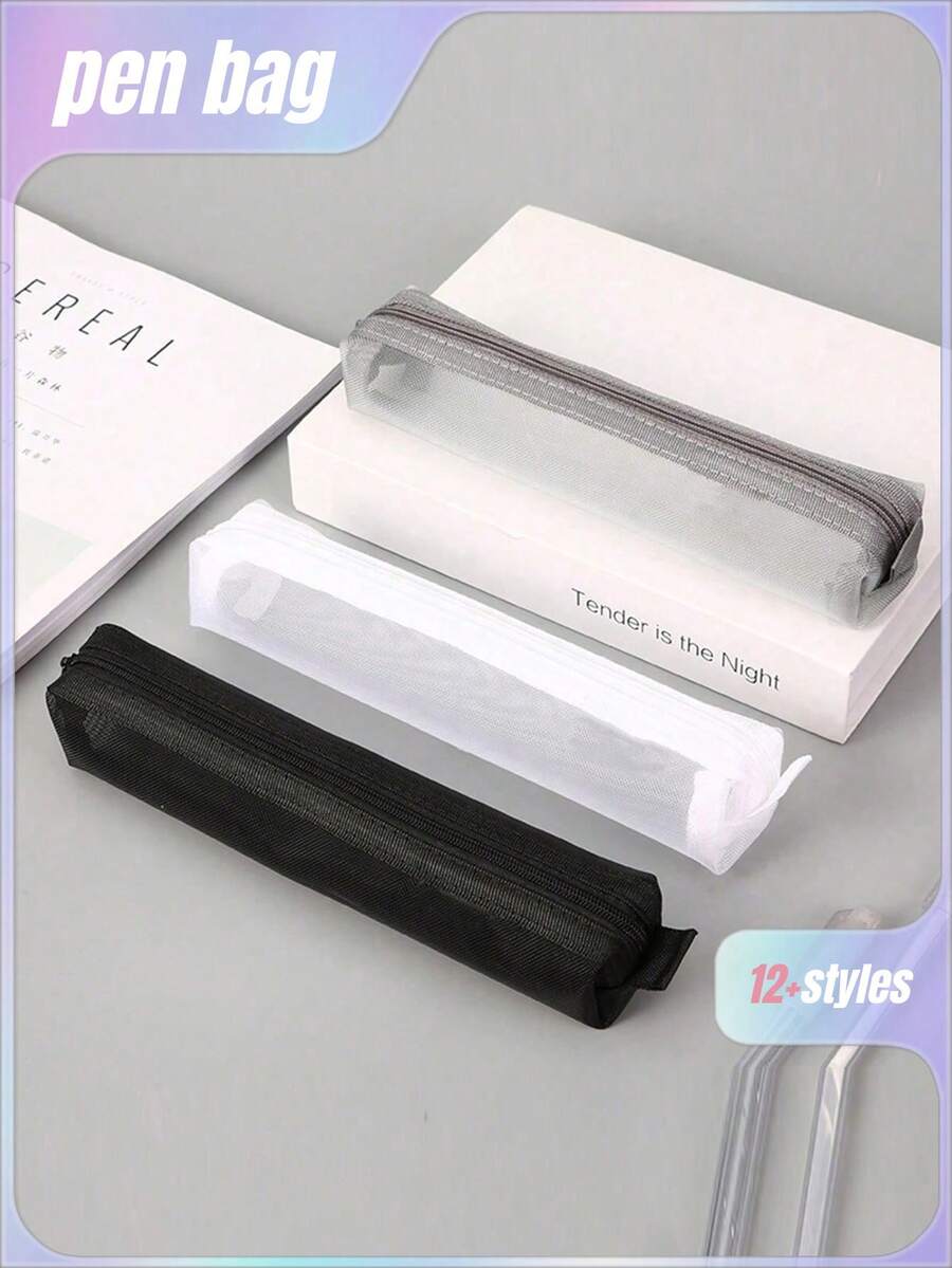 1/2/3个装极简透明网眼铅笔盒，学生考试用品收纳袋，迷你方形收纳袋，返校季必备，学习用品，铅笔袋，书包 - 黑色 - 查看 1