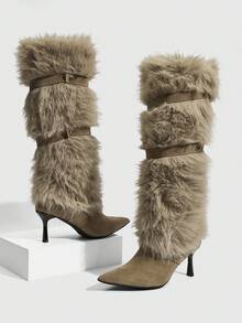 CUCCOO SZL Women's Pointed Toe Faux Fur Patchwork Knee-High Heeled Boots Valentine's Day - Khaki - View 2