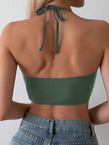 Swim Basics Women's Summer Beach Solid Color Halter Tie Sexy Bikini Top - Army Green - View 2