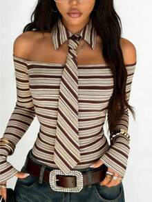 Rina Fox Women's Striped Off-Shoulder T-Shirt With Tie, Casual Versatile For Dating And Outings, Long Sleeve - Brown - View 6