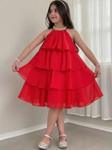 SHEIN Tween Girl Loose Elegant Halter Neck Sleeveless Multi-Layer Ruffle Midi Dress - Red - View 1