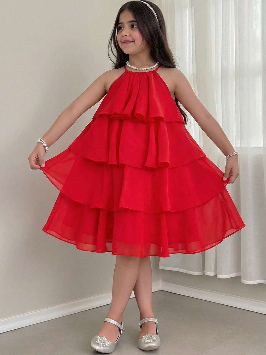 SHEIN Tween Girl Loose Elegant Halter Neck Sleeveless Multi-Layer Ruffle Midi Dress - Red - View 1