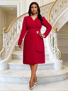 Fleurora 大码女式V领长袖腰部褶皱优雅连衣裙 - 紅色 - 查看 5