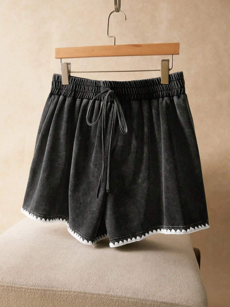 Elaquor 大码女式腰带花边休闲宽松短裤 春夏休闲度假短裤 - 黑色 - 查看 1