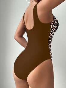 SHEIN Swim Springbreak Women One-Piece Solid Color Mesh Patchwork Ruffle Trim Leopard Print Swimsuit, Fashionable & Elegant For Vacation - Multicolor - View 2