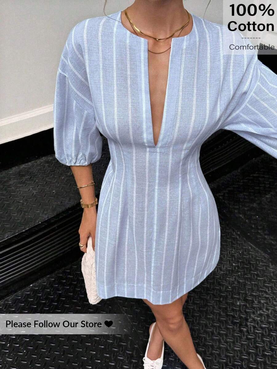 Siren Gaze Business Casual Woman Going Out Outfits Teacher Outfits For Women Waist A-Line Blue Striped Dress  Women's Casual Commuting Striped Cinched Waist Mini Dress Summer Casual - Blue - View 1