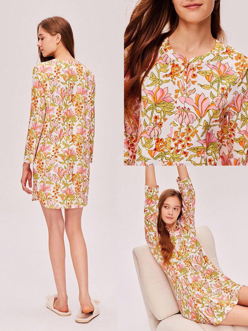 Women Soft Cotton Basic Long-Sleeve Button-Up Leisure Nightdress