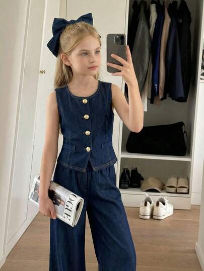 Tween Girls' Elegant Commuting & School Formal Sleeveless Top + Loose Straight Leg Pants Contrast Stitching Faux Denim Vest 2-Piece Set, Spring/Summer