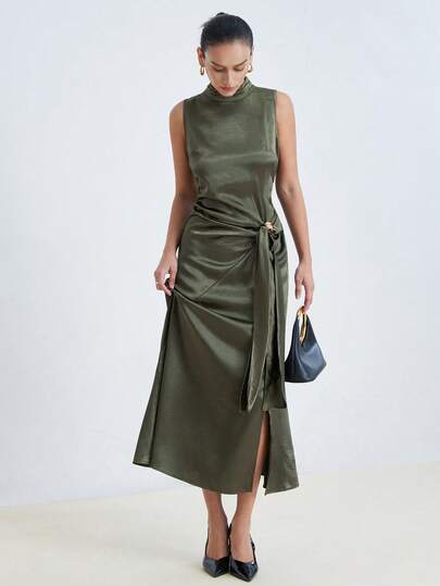 Aveloria Modichic Fashionable Design Sense Versatile Modern Chic Style Olive Green Smooth Lustrous Satin Fabric Ruched Stand Collar Exquisite Ruched Ruched Waist Twist Knot Sleeveless Dress, Suitable For Formal Occasions, Parties And Galas