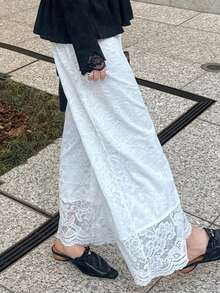 FRIFUL Women's Solid Color Sheer Lace Loose Casual Pants, Suitable For Spring And Summer - Beige - View 3