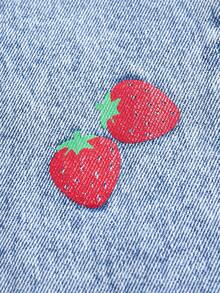 SHEIN MOD 大码女装休闲日常通勤情人节约会草莓印花水洗宽松阔腿牛仔裤春夏女装情人节嘉年华沙滩裤度假女装度假装夏季度假休闲女装大码女装阔腿牛仔裤，饰有可爱草莓刺绣高腰牛仔裤 - 藍色 - 查看 3