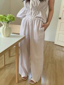 Dazy Plus Plus Size Women Striped Front Tie Top And Pants Pajama Set - Khaki - View 2