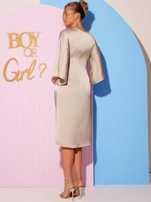 SHEIN Elegant Maternity Dress With Front Twist And Bell Sleeves, Autumn Dress Gender Reveal Dress Maternity Dress Baby Shower Dress - Apricot - View 8