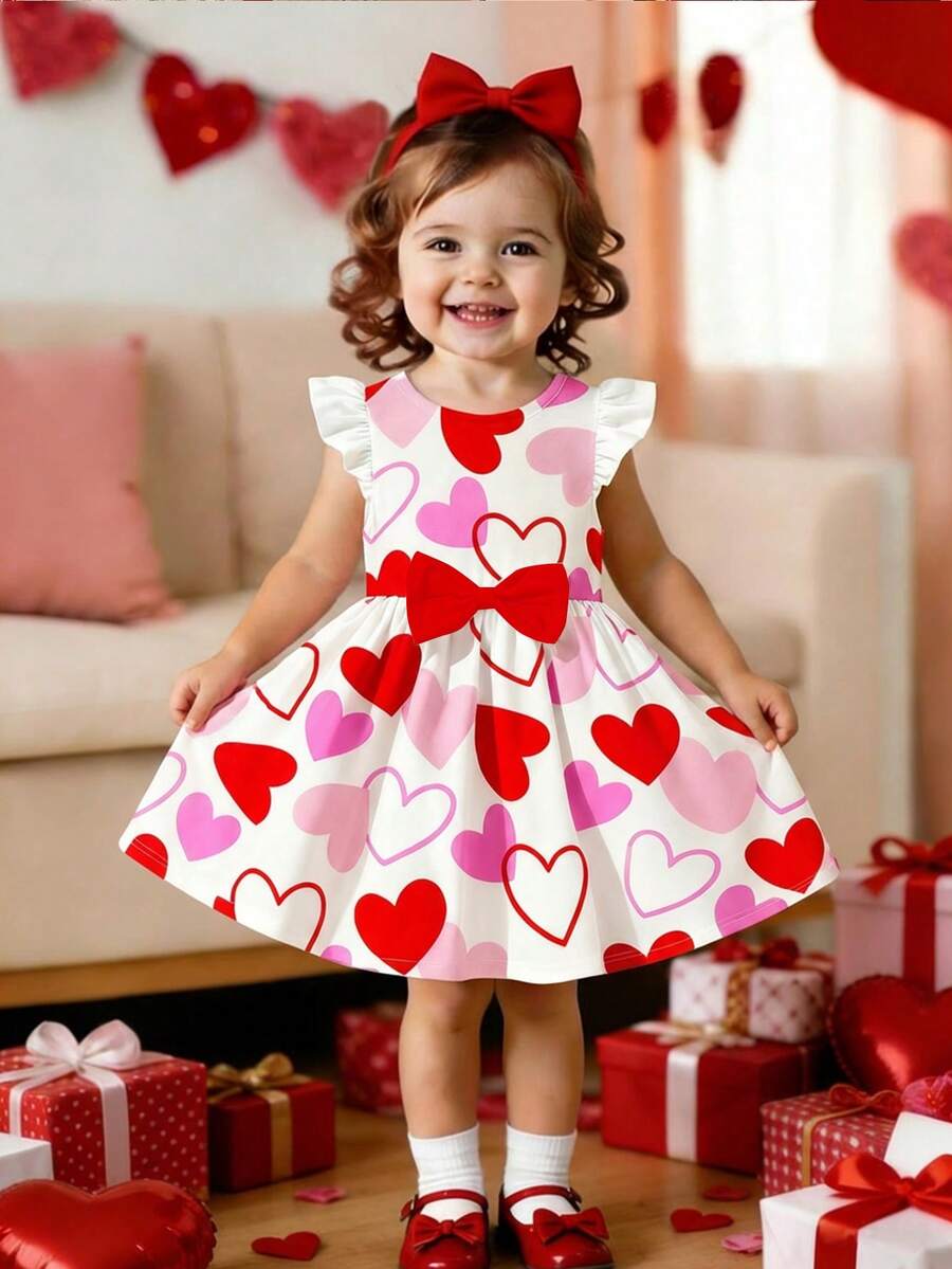 1 chiếc đầm cho bé gái 6 tháng - 2-3 tuổi, họa tiết trái tim và nơ lớn, tay bồng, chất liệu nhẹ, kiểu công chúa dễ thương, thích hợp cho ngày Valentine/mặc hàng ngày, mùa hè. - Nhiều màu - Xem 1