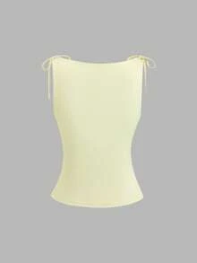 Sweetra 黄色蛋形花卉印花圆领蝴蝶结肩带修身背心，女士款，优雅可爱浪漫，适合度假、海滩、日常穿着，春夏百搭 - 黃色 - 查看 2