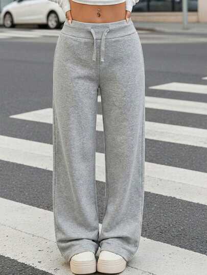 SHEIN Comfortable Casual Solid Color Knit Low Waist Wide Leg Teen Girl Sports Pants, Thermal Lined Winter Sports Pants, Wide Leg Sports Pants, Flared Sports Pants, Fleece Sports Pants