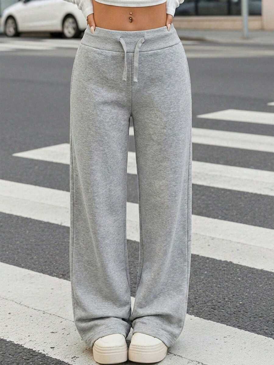 SHEIN Comfortable Casual Solid Color Knit Low Waist Wide Leg Teen Girl Sports Pants, Thermal Lined Winter Sports Pants, Wide Leg Sports Pants, Flared Sports Pants, Fleece Sports Pants - Grey - View 1