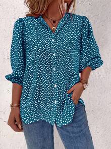 EMERY ROSE 花卉图案单扣休闲日常中袖衬衫，适合新年穿着 - 霧霾藍 - 查看 3