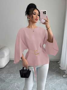 Selianne Women's Spring/Summer French Style Round Neck Batwing Sleeve Tie Waist Satin Blouse, Red Fall Cloth For Women - Pink - View 4