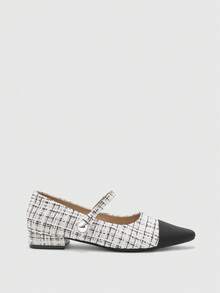CUCCOO BIZCHIC Women's New Gray French Low Heel Pointed Toe Simple Fashionable Knitted Mary Jane Shoes For Christmas Spring Shoes - Beige grid - View 2