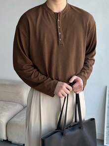 DAZY قميص بنصف سوستة بلون بني داكن للرجال، ربيع - بني - مشاهدة 5