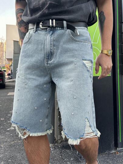DAZY Men's Distressed Denim Shorts With Rivet Design, Casual Street Style, Summer