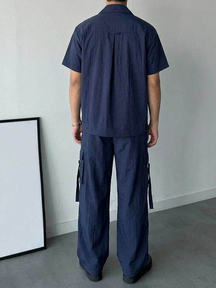 Men's Solid Blue Short Sleeve Top And Pants Set, Spring/Summer