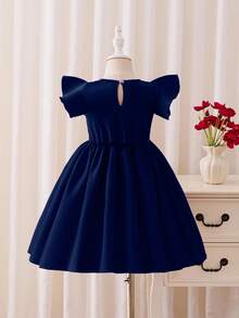 Glamorique Kids Đầm satin tay ngắn màu đỏ tía cao cấp, thanh lịch dành cho bé gái, trang phục dự tiệc. - Màu xanh hải quân - Xem 2
