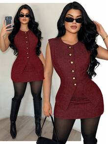 SHEIN SXY بدلة نسائية كاجوال للعمل مكونة من سترة وتنورة بطبعة هندسية، مناسبة للمكتب باللونين الأحمر والأسود، فستان أزرار بطراز فرنسي، فستان تويد للنساء، فساتين عمل للنساء، بلوزات عمل أنيقة للنساء، طقم أنيق للنساء للعمل - الأحمر - مشاهدة 6